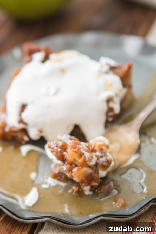 Apple Cake with Rich Caramel Sauce A generous pour of rich, golden Caramel Sauce cascading over a slice of warm Apple Cake, a truly heavenly dessert from ohsweetbasil.com