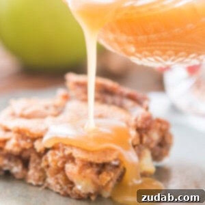 A finished slice of Apple Cake with Caramel Sauce, ready to be served