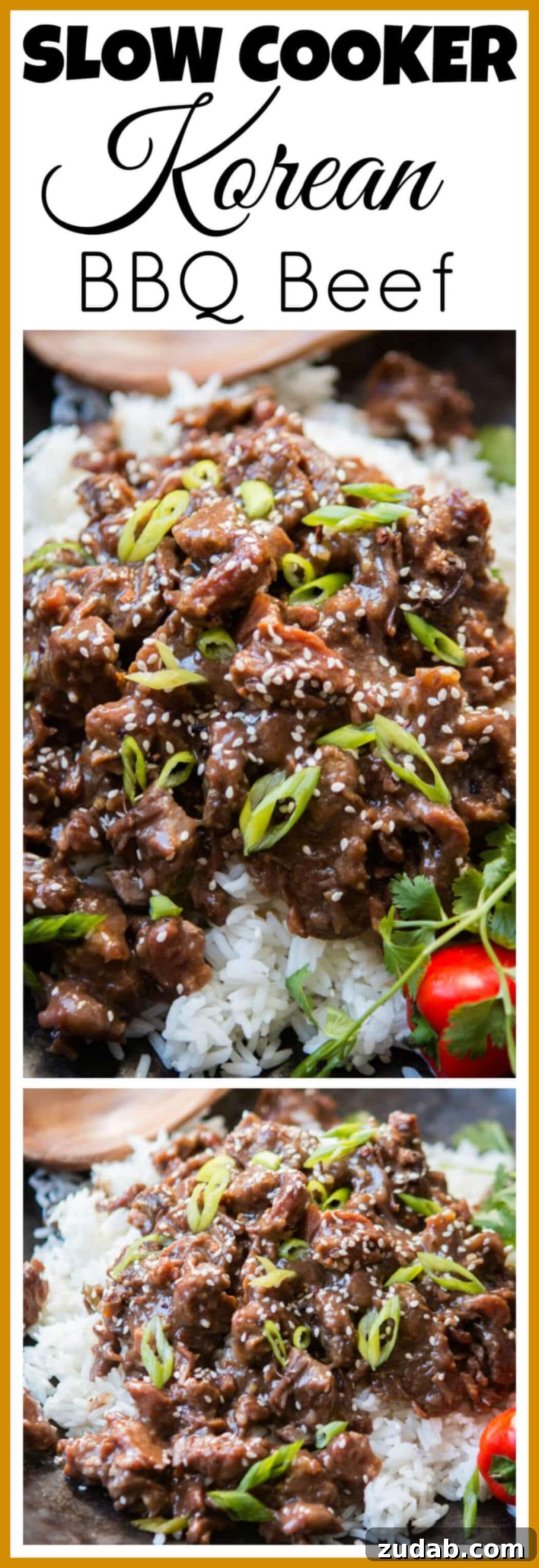 Close-up of tender Slow Cooker Korean BBQ Beef with green onions and sesame seeds.