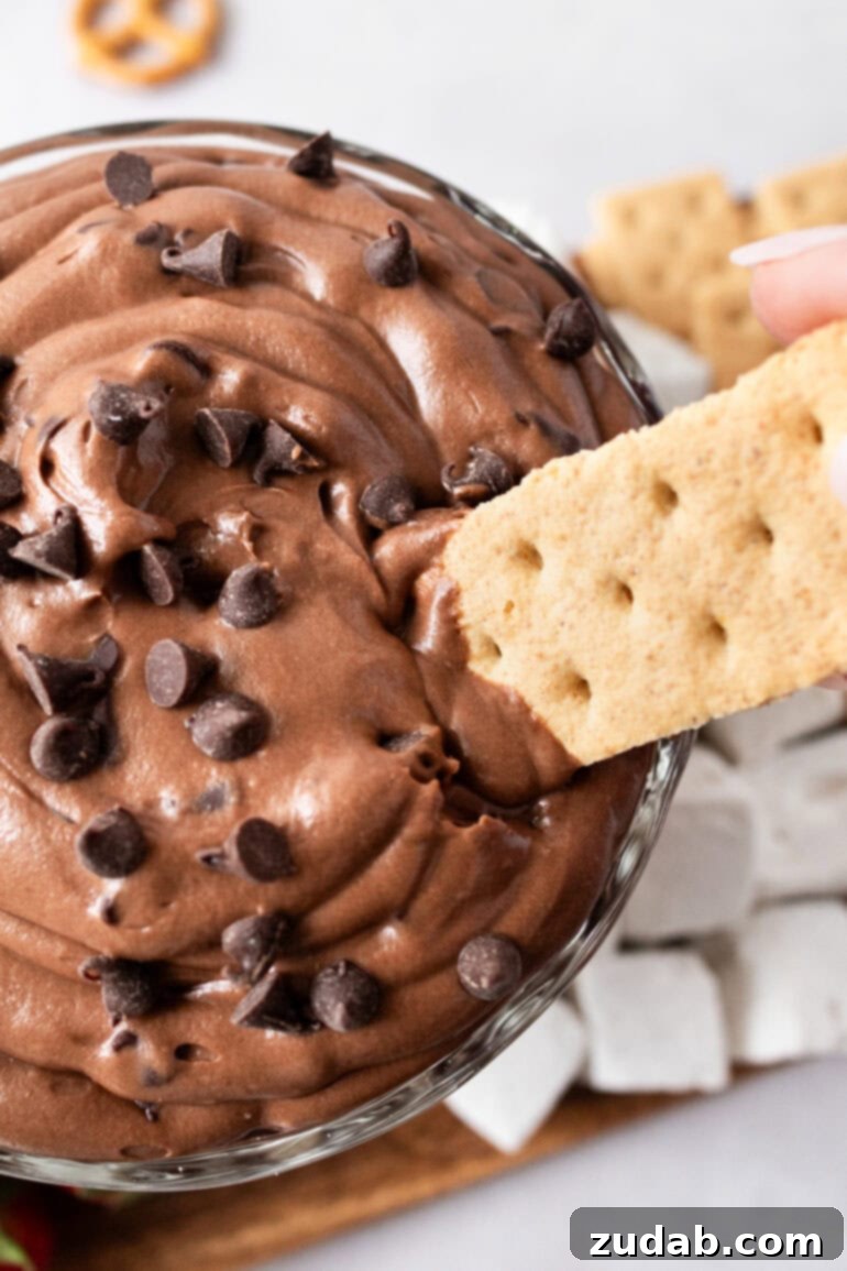 Decadent Brownie Batter Dip 5 A graham cracker gracefully being dipped into a bowl of luscious chocolate brownie dip, adorned with a sprinkle of mini chocolate chips.