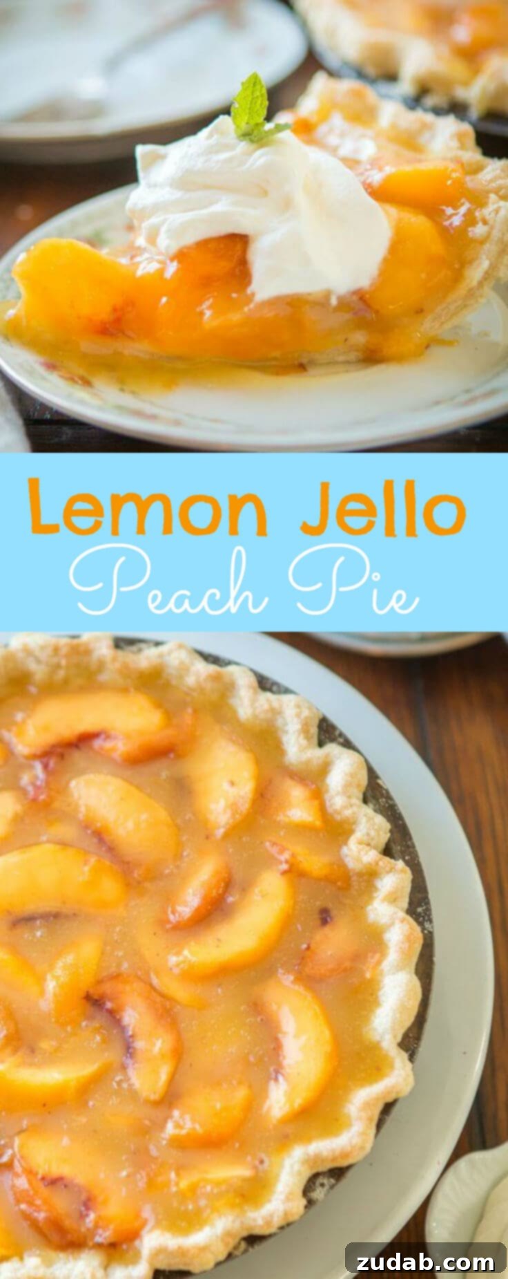 No-bake peach pie filling poured into a baked crust Lemon Jello Peach Pie ready to be chilled