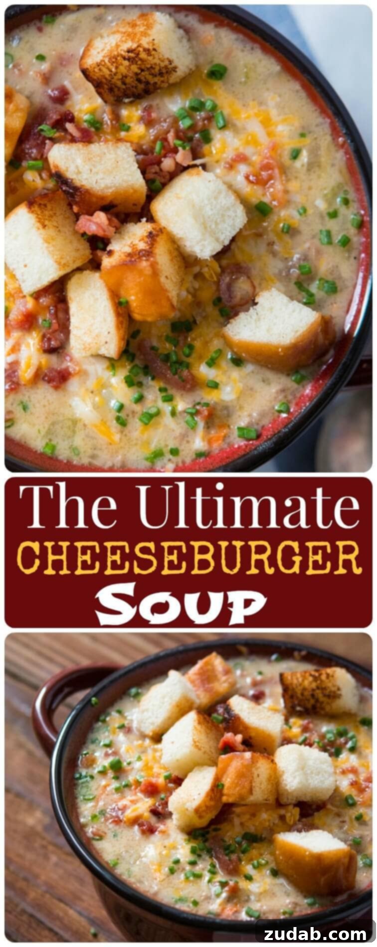 A steaming bowl of creamy cheeseburger soup, garnished with crispy bacon, fresh chives, and golden croutons.