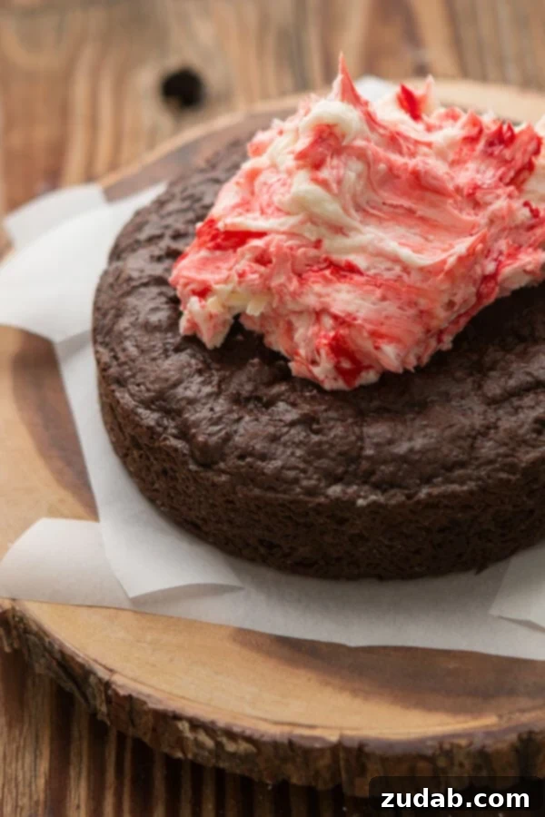 Easy Festive Chocolate Peppermint Cake 6 A close-up of a chocolate peppermint cake being frosted, showing attention to detail.