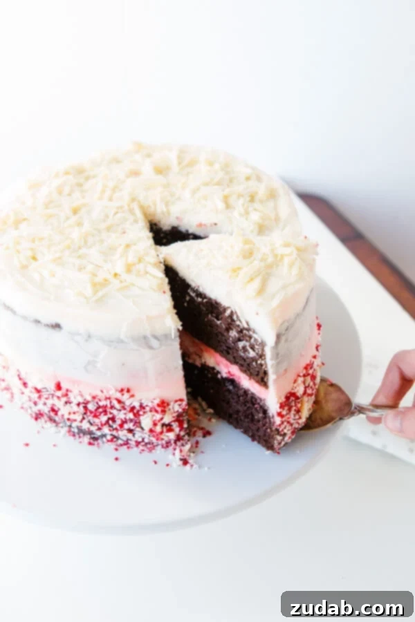 Enjoying a delightful slice of chocolate peppermint cake. A perfectly sliced chocolate peppermint cake with rich frosting and decorative peppermint bits.