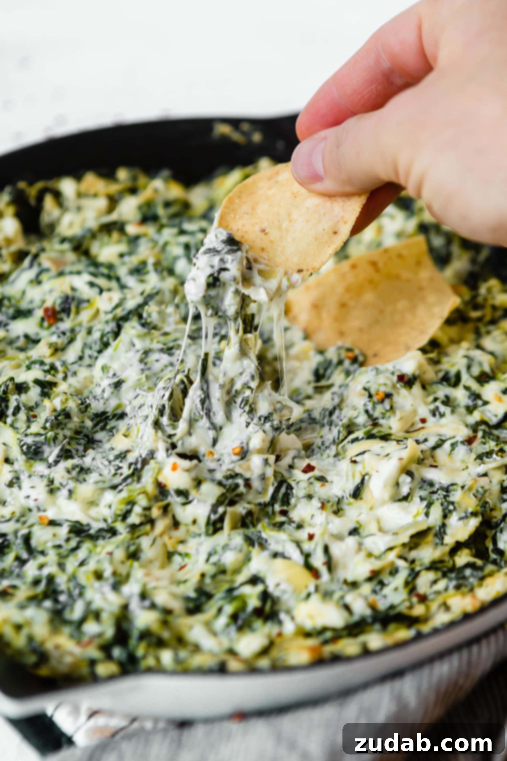 Cheesy Spinach Artichoke Dip A cast iron skillet filled with spinach and artichoke dip. The spinach and artichokes are mixed into a white creamy cheese sauce. A chip is being dipped into the cheesy goodness.