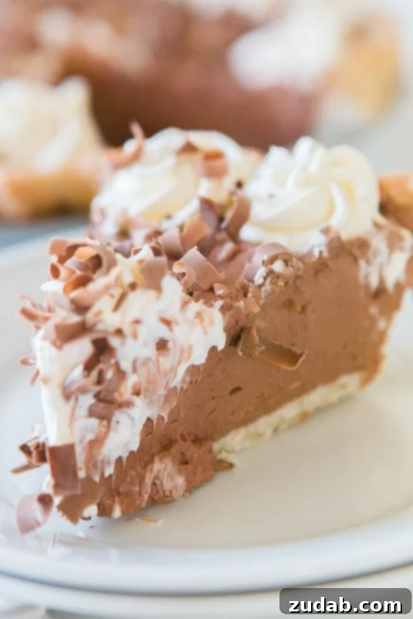 Discover how to make an easy no-bake chocolate pie with chocolate Jell-O pudding for a perfectly thick and creamy filling. A perfect slice of easy no-bake chocolate pie on a white plate, showcasing its creamy texture and flaky crust.