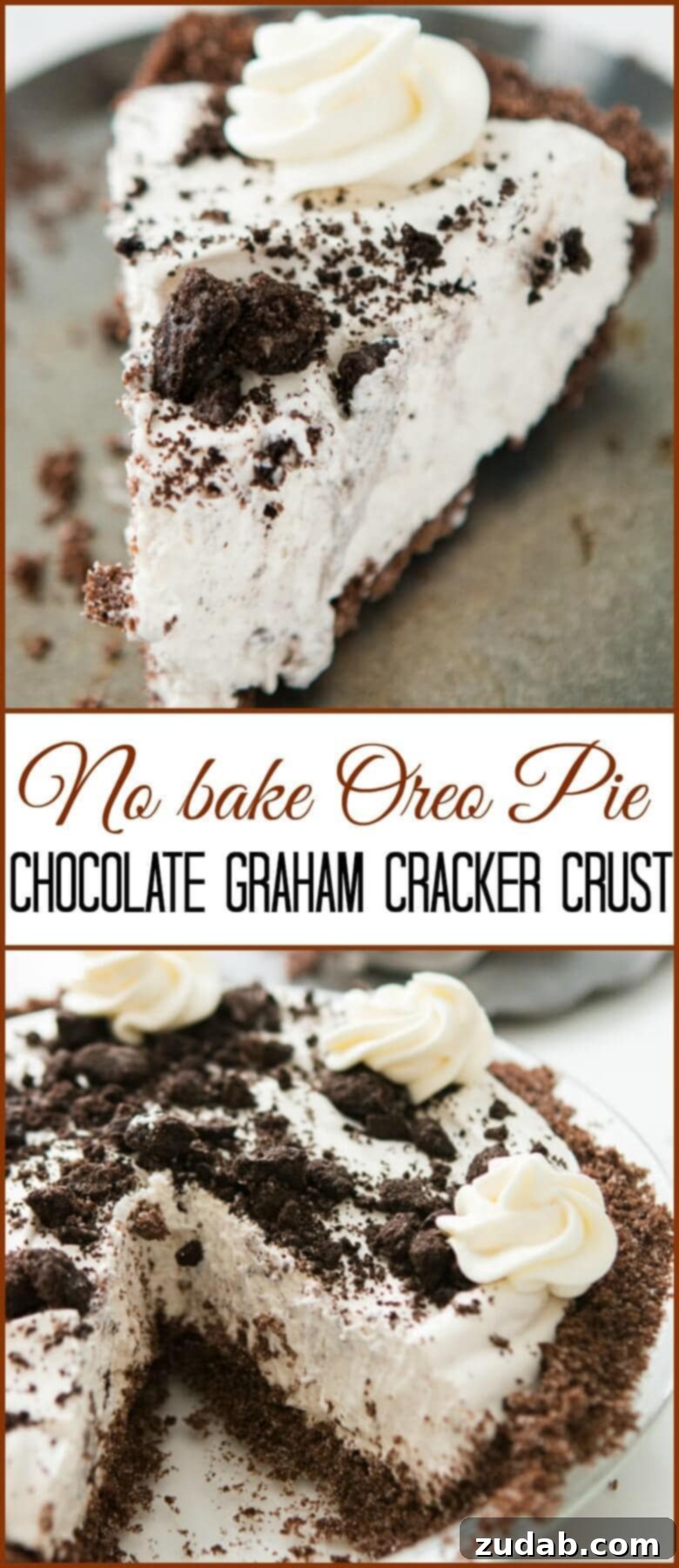 This is one of our most popular pie recipes and it's an easy pie recipe! Who wants a slice of no bake oreo pie with chocolate graham cracker crust?! photo collage - slices of no bake oreo pie with chocolate graham cracker crust on a silver serving plate.