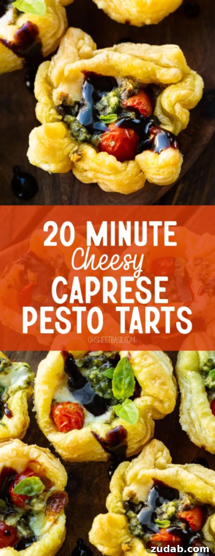 Speedy Cheesy Caprese Pesto Tarts 13 A high-angle photo of several perfectly baked Caprese pesto tarts, garnished with fresh basil and a balsamic glaze drizzle, ready to be served as an irresistible appetizer.