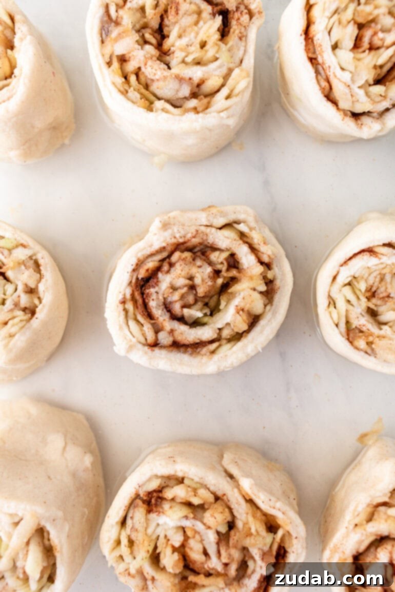 Rustic Orchard Apple Swirls 8 Unbaked apple cinnamon rolls neatly arranged in a baking dish on a marble counter, ready for the oven.