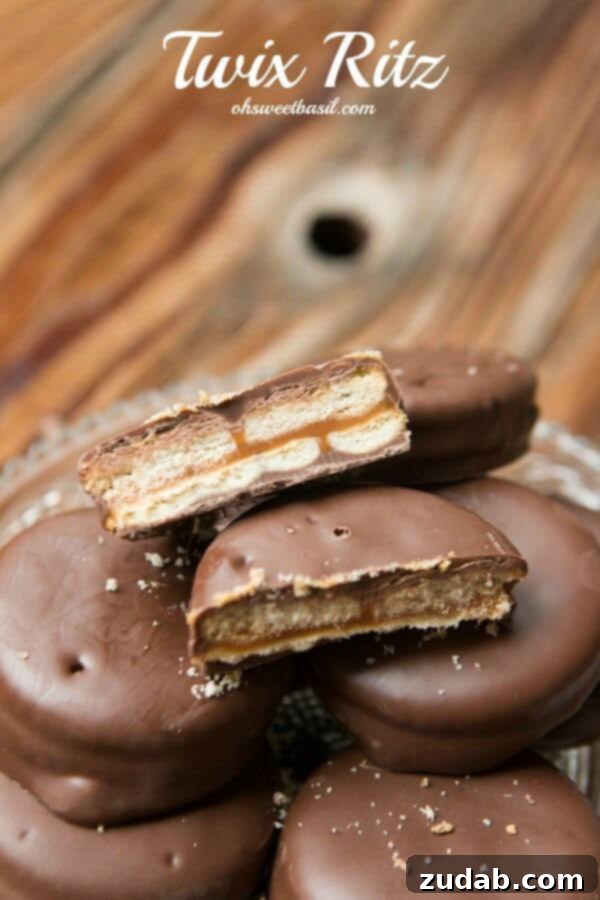 Twix Ritz: The ultimate easy 3-ingredient dessert that tastes like a gourmet candy bar. ohsweetbasil.com Easy 3-Ingredient Twix Ritz crackers with chocolate and caramel, a simple yet addicting homemade treat. ohsweetbasil.com