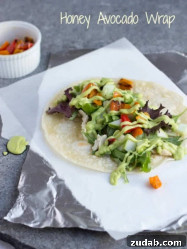 Delicious Honey Avocado Wrap with homemade Honey Avocado Dressing, perfect for a healthy and easy lunch.