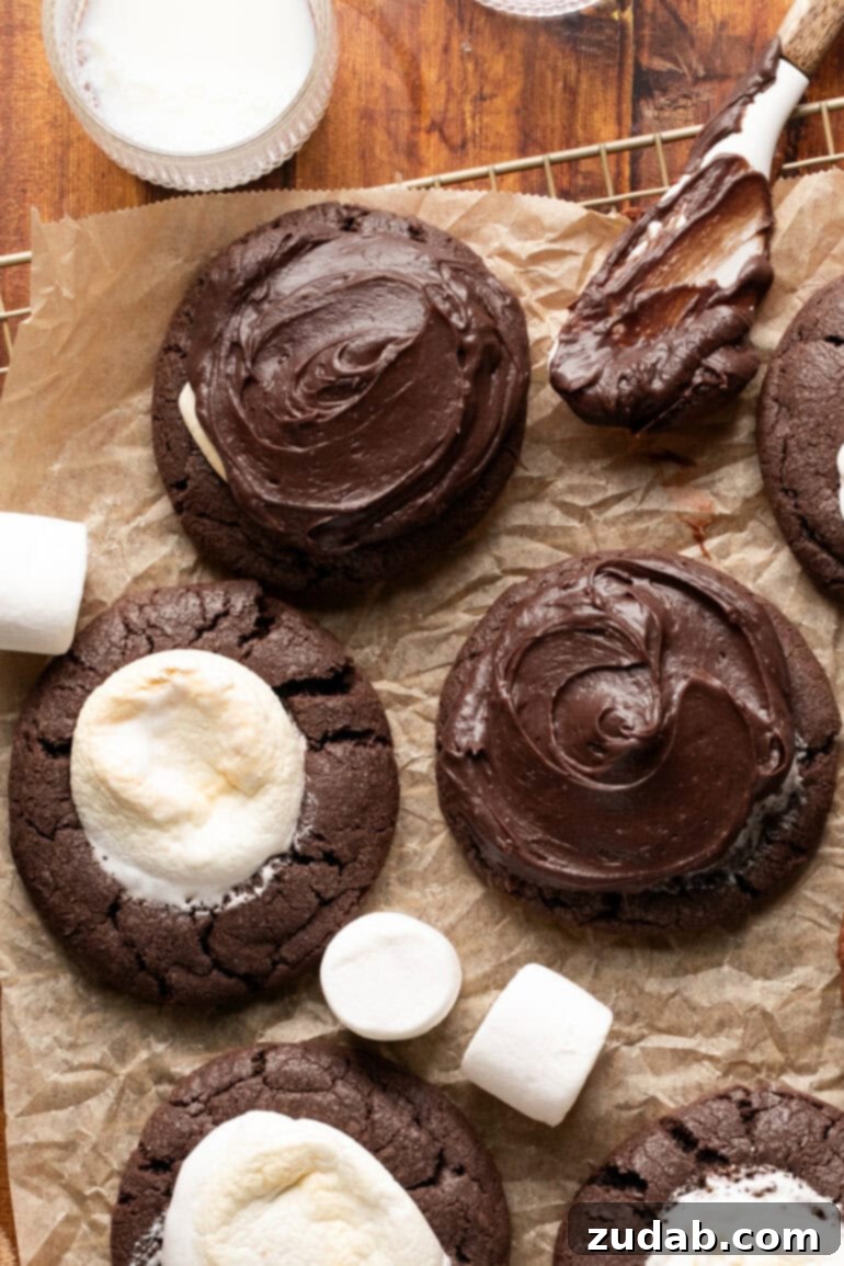 Gooey Chocolate Marshmallow Bites 18 a photo of several chocolate marshmallow cookies some with chocolate frosting and some with just the melted marshmallow on top
