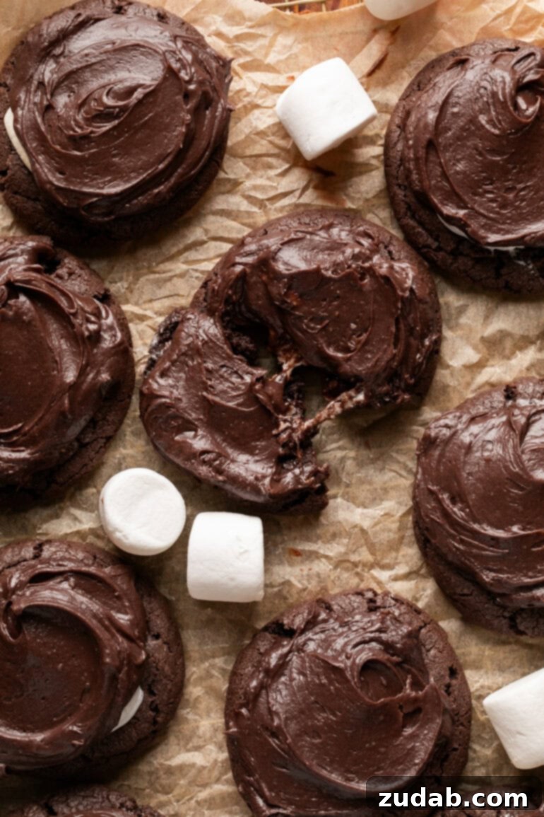 Gooey Chocolate Marshmallow Bites 20 a photo taken over the top of several chocolate marshmallow cookies topped with creamy chocolate frosting
