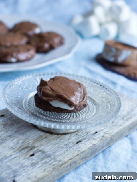 Gooey Chocolate Marshmallow Bites 22 A chocolate marshmallow cookie served on a plate with a glass of milk