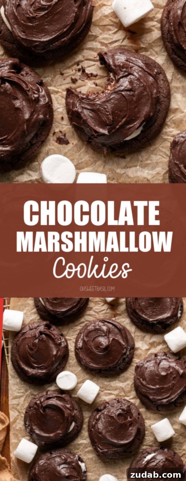 Gooey Chocolate Marshmallow Bites 23 a photo of several chocolate marshmallow cookies sitting on a piece of brown parchment paper with large marshmallow scattered around them
