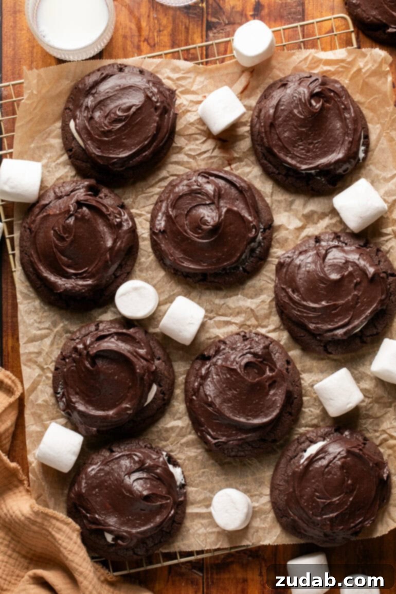 Gooey Chocolate Marshmallow Bites 4 a photo of several chocolate marshmallow cookies sitting on a piece of brown parchment paper with large marshmallow scattered around them