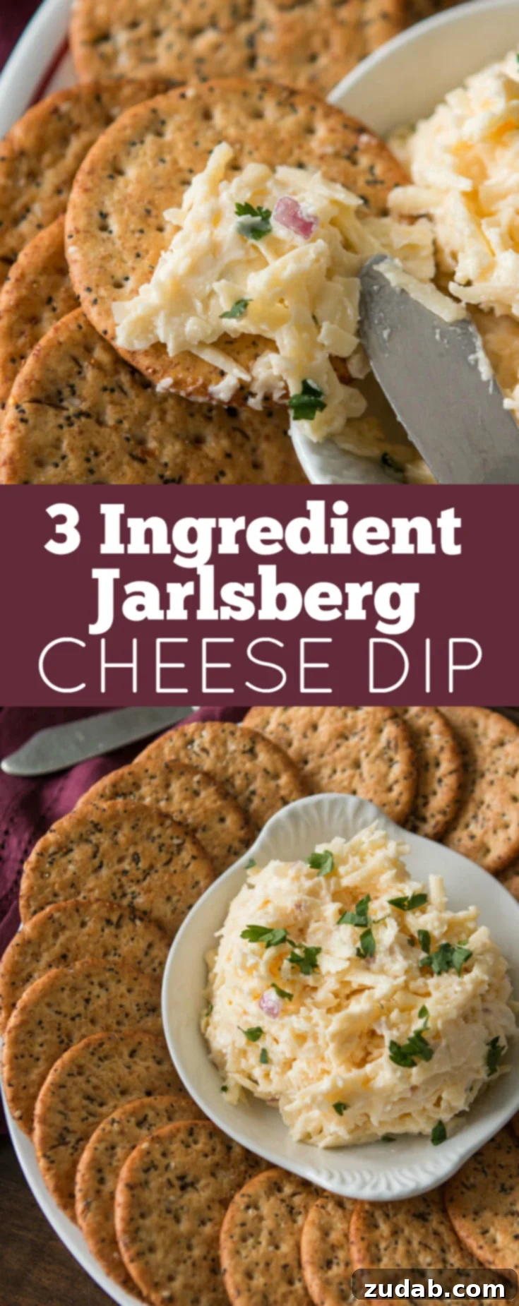 Effortless Jarlsberg Indulgence 3 An overhead shot featuring the 3-Ingredient Jarlsberg Dip, alongside various serving suggestions including fresh vegetables and an assortment of gourmet crackers. Perfect for entertaining guests effortlessly.