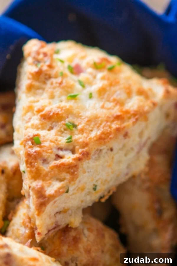 A few weeks ago I was making our apple pie scones and suddenly had the brilliant idea of making a savory version, easy ham and cheese scones! a close up photo of a wedge shaped golden ham and cheese scone