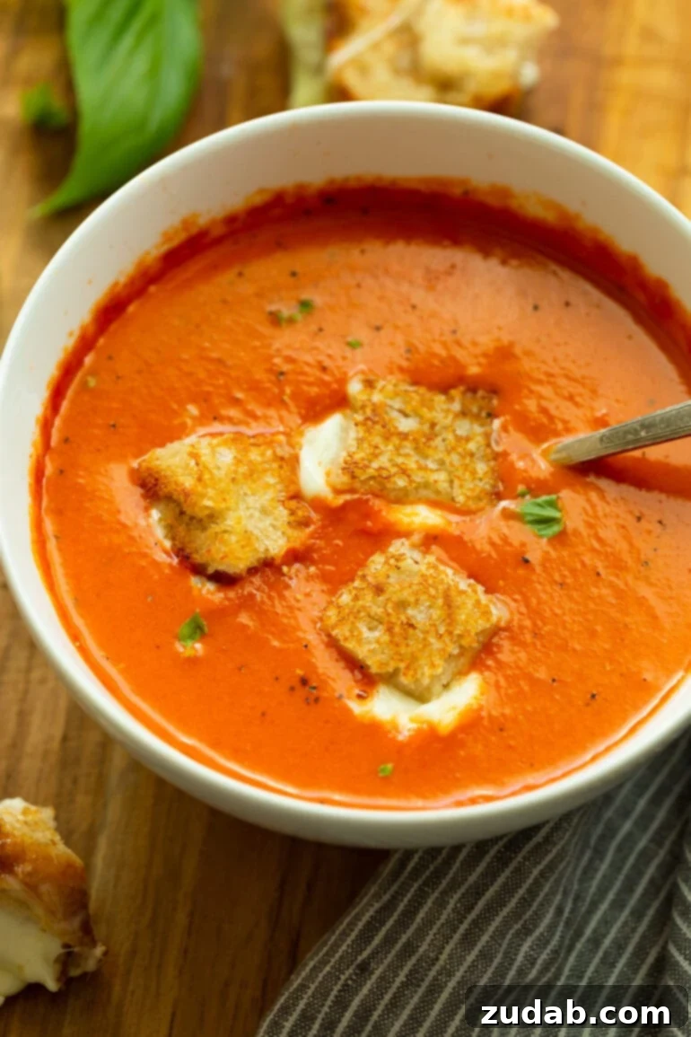 Comforting Roasted Tomato Basil Soup with Grilled Cheese Bites 2 A vibrant bowl of roasted tomato basil soup, garnished with three golden grilled cheese croutons and a spoon, inviting a comforting meal.
