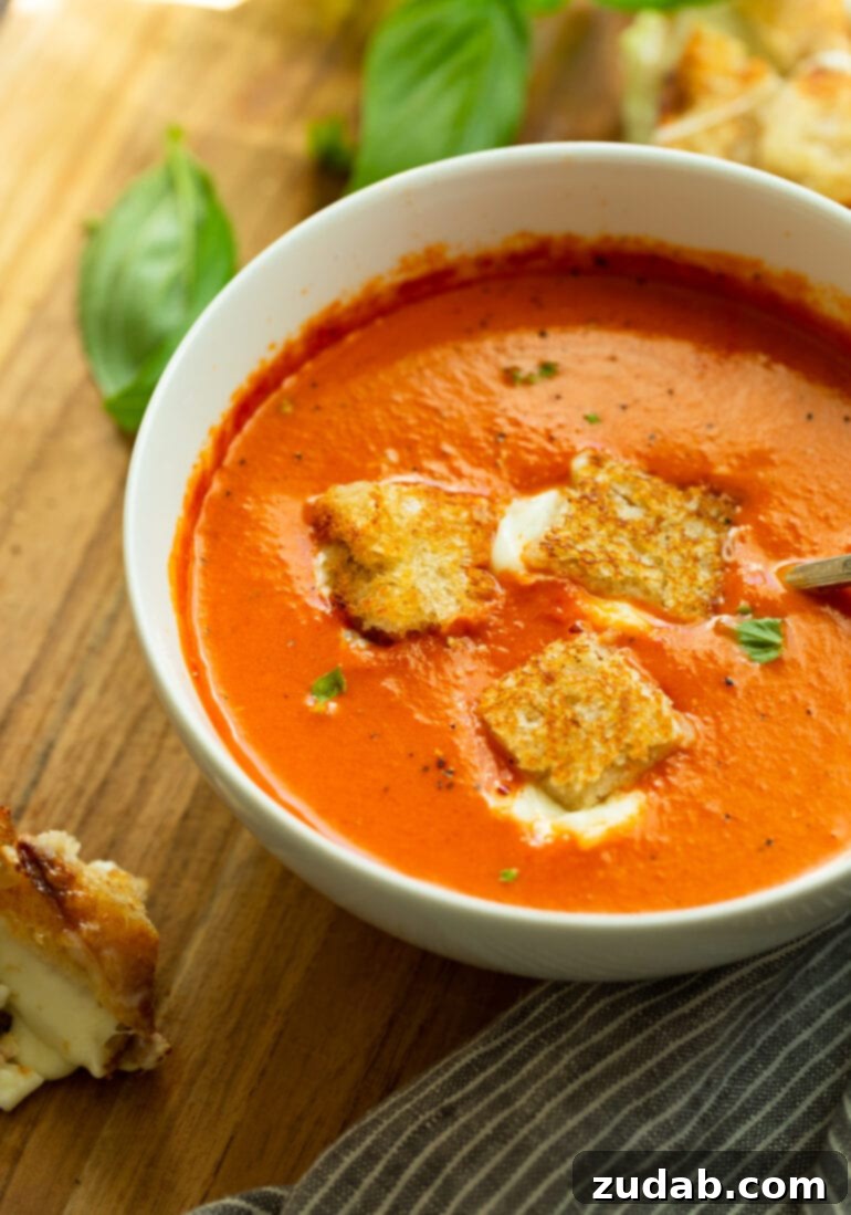 Comforting Roasted Tomato Basil Soup with Grilled Cheese Bites 4 A delightful bowl of homemade tomato basil soup, featuring three mini grilled cheese croutons floating on top, adorned with fresh basil. A perfect autumn meal.