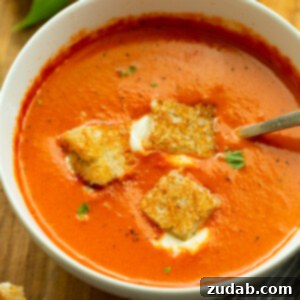 Comforting Roasted Tomato Basil Soup with Grilled Cheese Bites 6 A close-up of a bowl of creamy roasted tomato basil soup, garnished with fresh basil leaves and mini grilled cheese croutons.