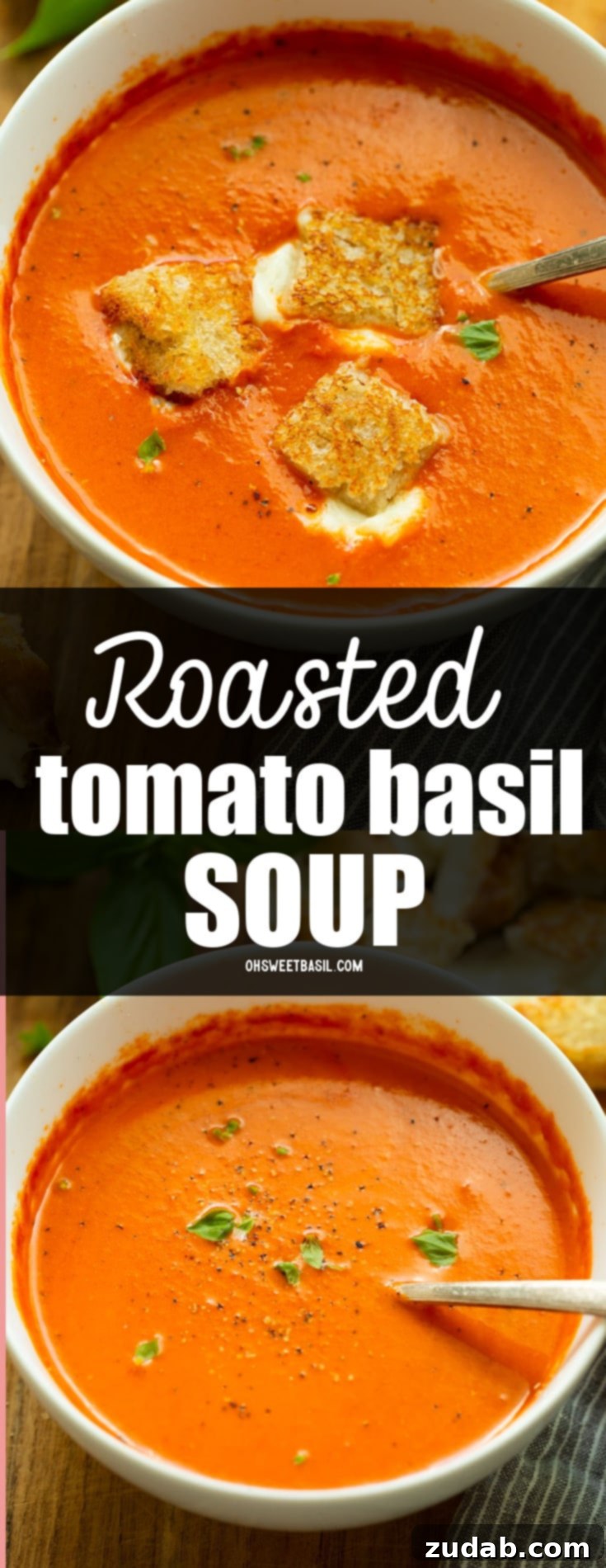 Comforting Roasted Tomato Basil Soup with Grilled Cheese Bites 7 A rich bowl of tomato basil soup with mini grilled cheese croutons, topped with vibrant green basil, ready for a comforting meal.