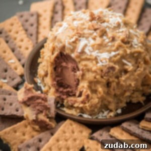 Decadent German Chocolate Cheese Ball 3 Love German chocolate cake? Especially that sticky coconut frosting? This German Chocolate Cake Cheese Ball is way easier than cake but just as delicious! ohsweetbasil.com