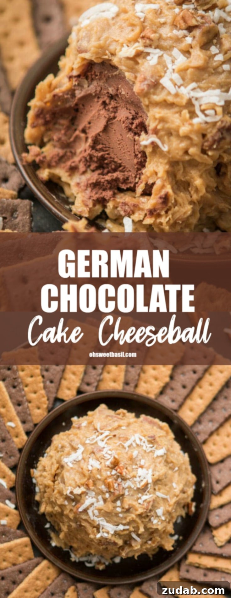Decadent German Chocolate Cheese Ball 4 A German Chocolate Cake Cheeseball with shredded coconut on top, a sweet and delicious dessert, easy to make for parties or holidays. ohsweetbasil.com