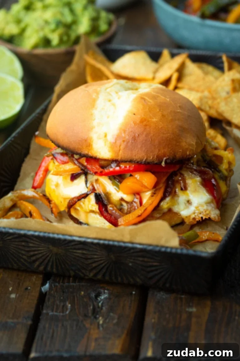 A beautifully presented fajita style Mexican turkey burger on a serving tray, surrounded by a pile of crispy tortilla chips, inviting you to dig in.