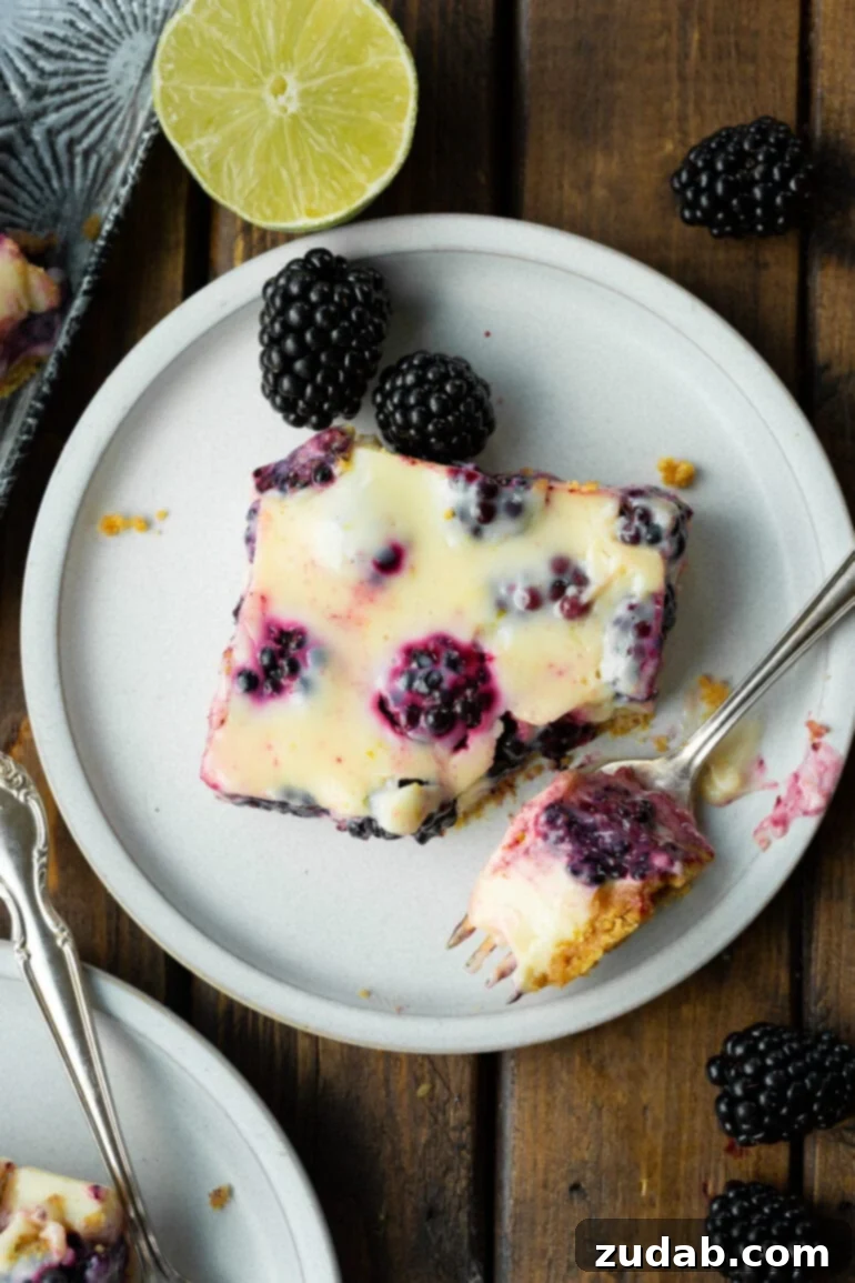 Zesty Blackberry Lime Bars 2 A photo of a blackberry lime bar sitting on a small plate with a corner scooped off by a fork sitting on the plate next to it. The bar showcases its creamy lime filling, purple blackberries, and golden graham cracker crust.
