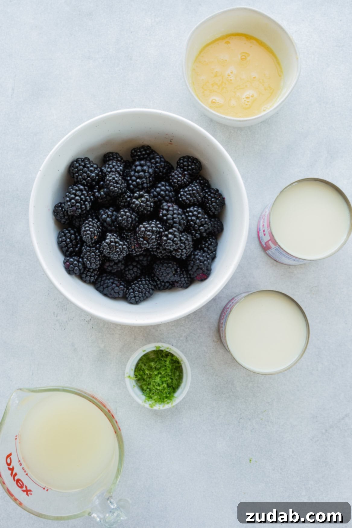 Zesty Blackberry Lime Bars 4 A photo of all the distinct ingredients for blackberry lime bars, neatly arranged in separate small bowls. These include fresh, plump blackberries, vibrant lime zest, freshly squeezed lime juice, and a can of creamy sweetened condensed milk.