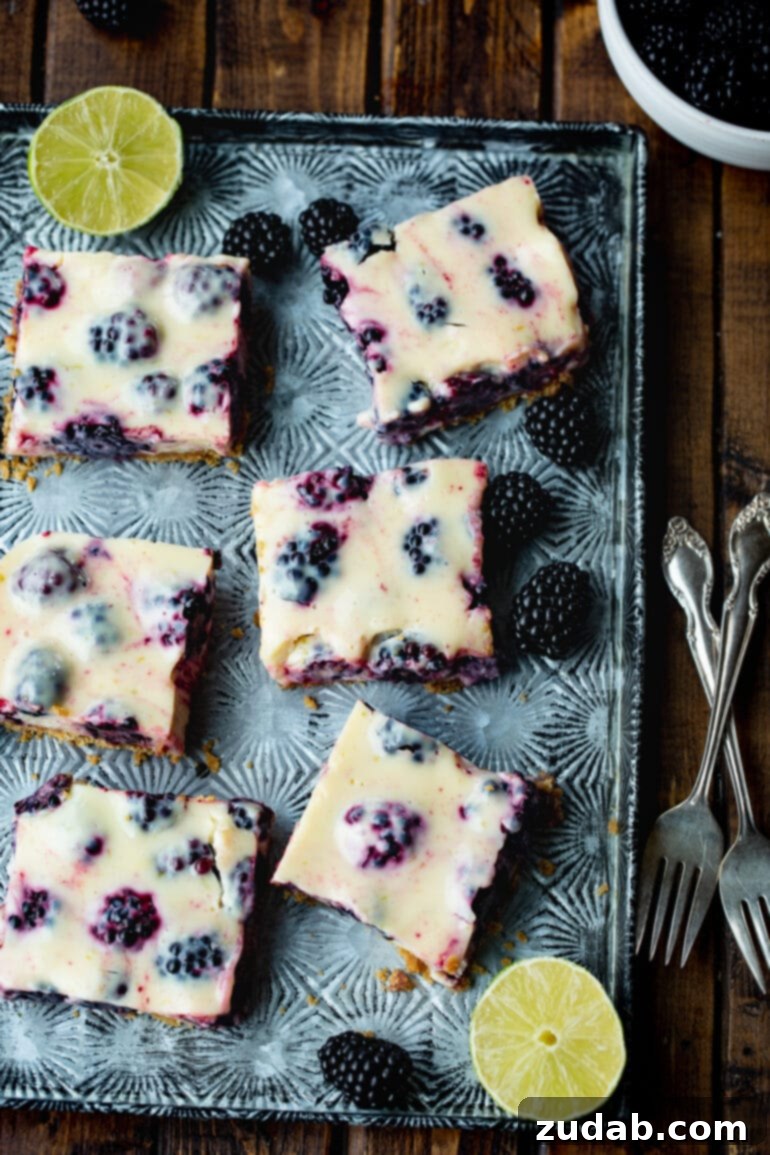 Zesty Blackberry Lime Bars 6 A photo of several ready-to-serve blackberry lime bars arranged on a sleek metal serving tray, with a scattering of whole, fresh blackberries around them, highlighting the vibrant fruit.