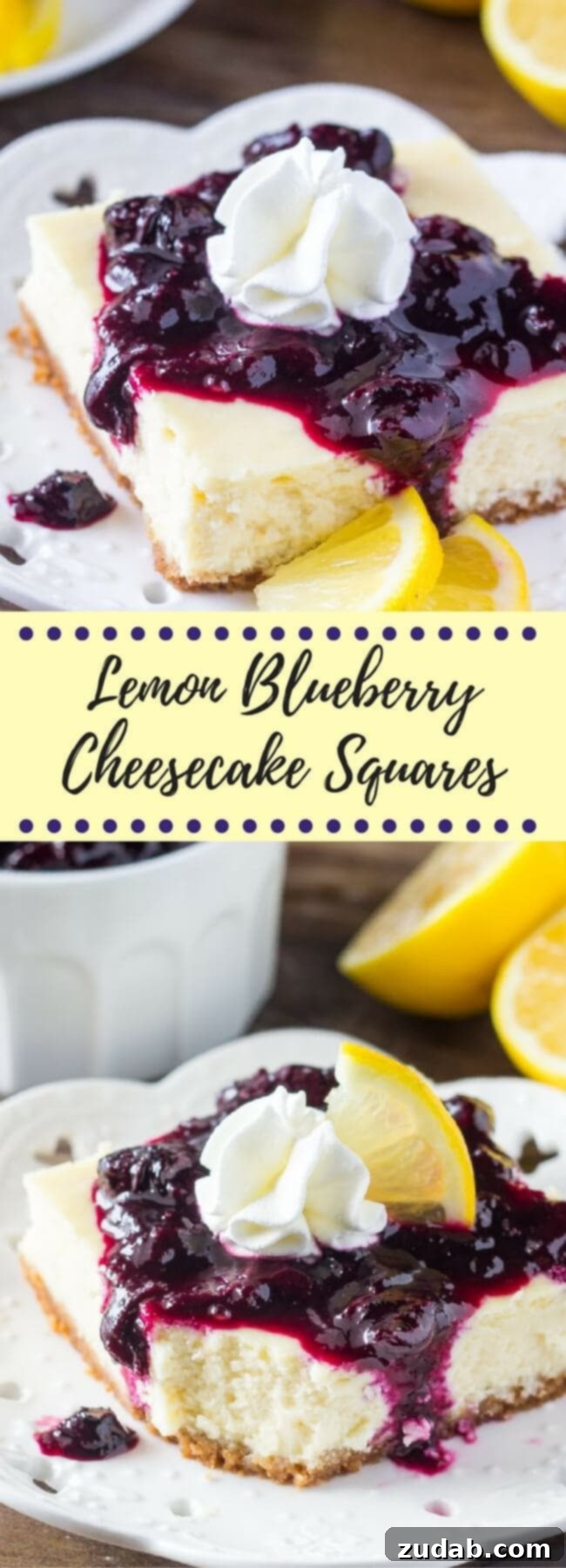 Lemon blueberry cheesecake squares are smooth & creamy with a delicious lemon flavor and crunchy graham cracker crust. The blueberry sauce makes them extra special!