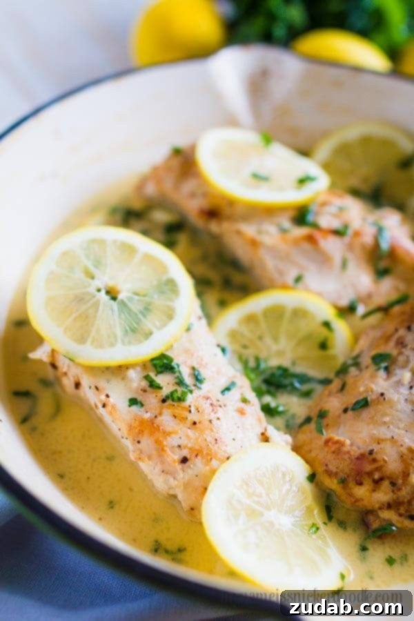 Ready to Serve: Creamy Lemon Garlic Chicken A beautifully plated portion of creamy lemon garlic chicken with fresh herbs and lemon slices