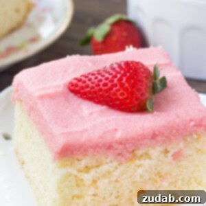 Strawberry Kissed Vanilla Dream 3 Soft, moist vanilla sheet cake topped with strawberry buttercream - you'll love the flavor combo and pretty pink color of this vanilla cake with fresh strawberry frosting.