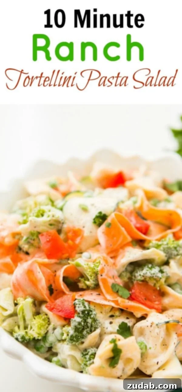 Quick 10-Minute Ranch Tortellini Pasta Salad for BBQs Use a potato peeler to make ribbons of fresh vegetables like zucchini and carrots for this quick and easy 10-minute ranch tortellini pasta salad, perfect as a vibrant side dish for BBQs and summer gatherings.