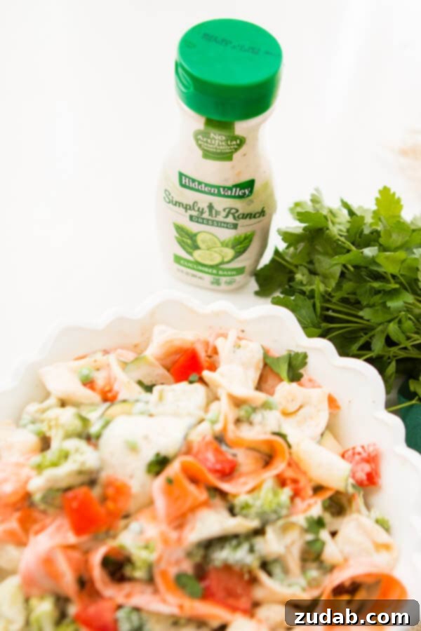 Quick 10-Minute Tortellini Pasta Salad with Ranch Freshly cooked tortellini, sliced zucchini and carrots, and peas mixed with creamy ranch dressing. This 10-minute ranch tortellini pasta salad is vibrant and delicious.