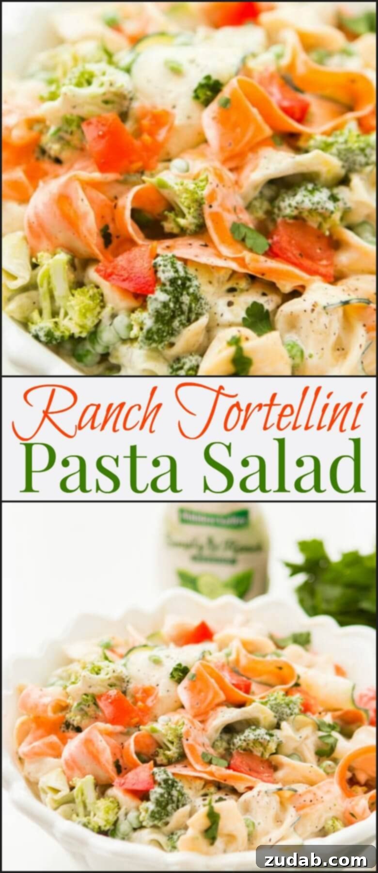 Best Ranch Tortellini Pasta Salad Recipe A large serving bowl filled with the ranch tortellini pasta salad, garnished with fresh basil. This colorful and easy salad is perfect for any summer meal.