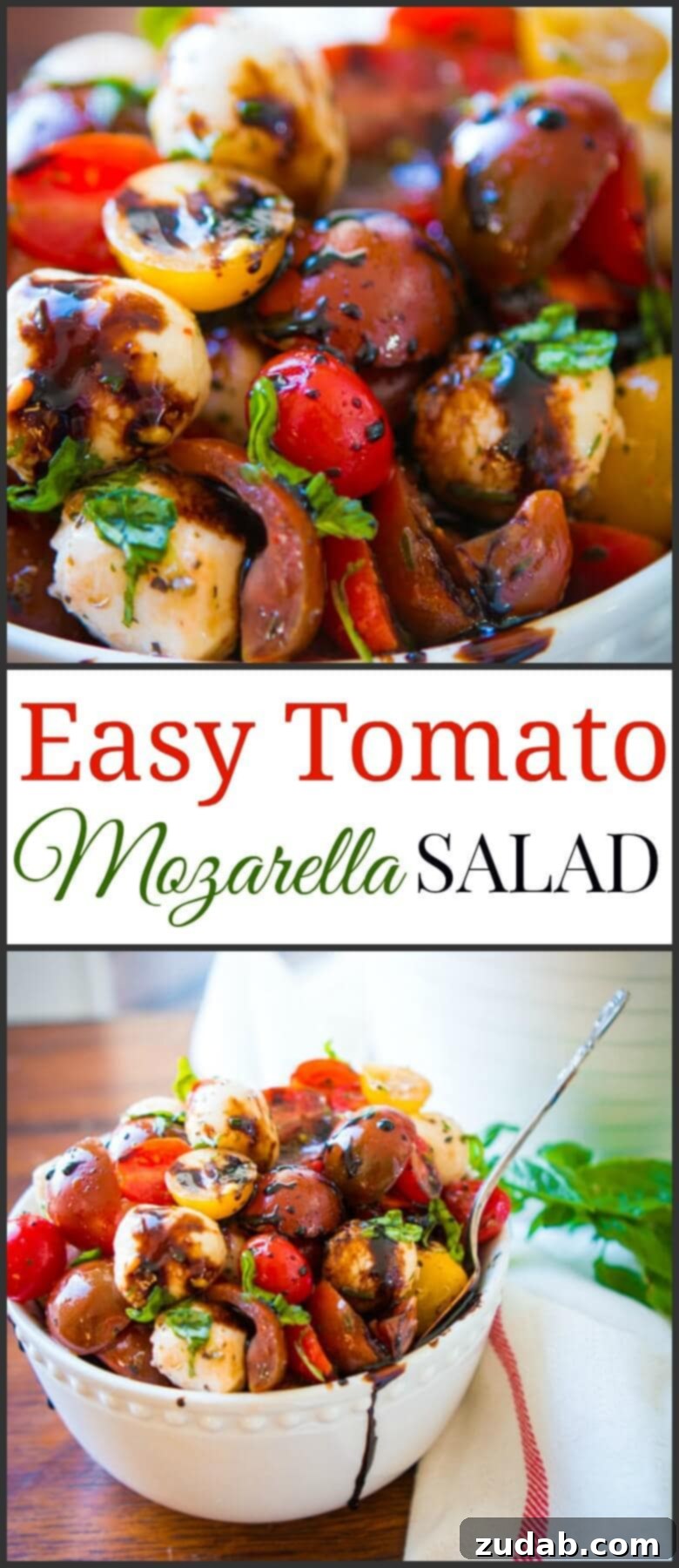 Generous Serving of Easy Tomato Mozzarella Salad A large serving bowl filled with the colorful easy tomato mozzarella salad, perfectly arranged with fresh basil leaves, ready to be enjoyed as a vibrant and healthy dish.
