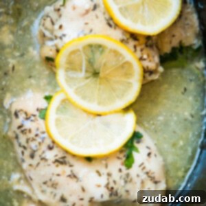 Slow Cooker Zesty Lemon Butter Chicken 6 Overhead shot of slow cooker lemon butter chicken with lemon slices and fresh thyme.