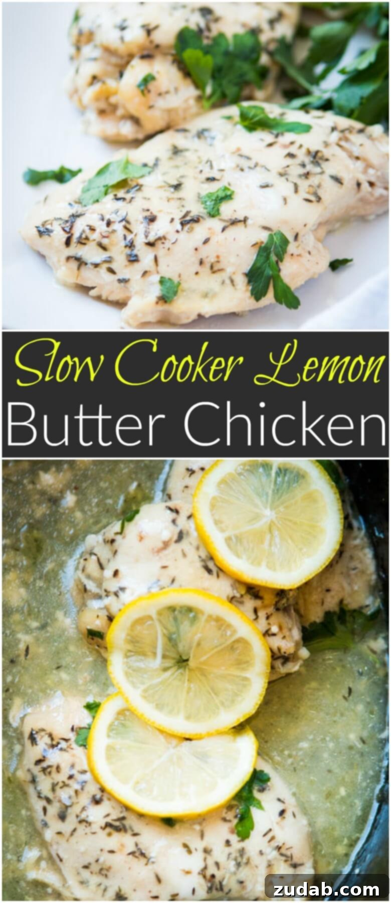Slow Cooker Zesty Lemon Butter Chicken 7 Overhead shot of slow cooker lemon butter chicken with lemon slices and fresh thyme.