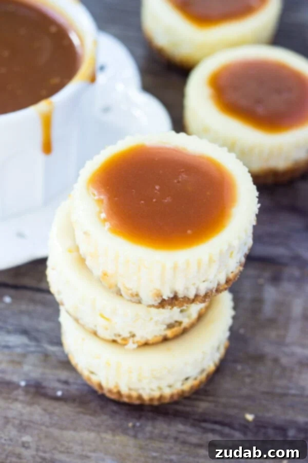 These mini cheesecakes with salted caramel sauce have a crunchy graham cracker crust, creamy cheesecake layer and are are topped with salted caramel sauce. A total crowd pleaser! A stack of three individual mini cheesecakes, each generously topped with glistening salted caramel sauce and a light sprinkle of sea salt.
