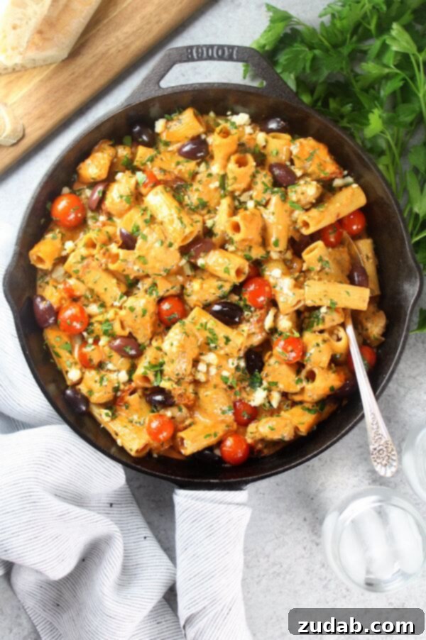 Greek Chicken Pasta Skillet with Mediterranean Flavors A vibrant Greek Chicken Pasta Skillet, teeming with sun-dried tomatoes, feta cheese, Kalamata olives, and tender chicken, ready to serve.