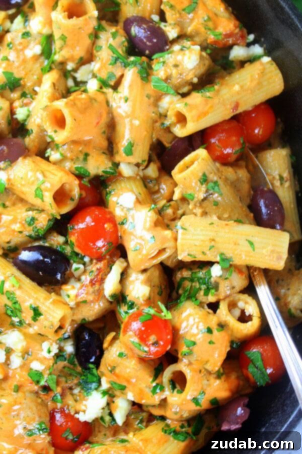 Creamy Greek Chicken Pasta Skillet Close-up of the creamy, zesty Greek Chicken Pasta Skillet, highlighting the rich sauce and fresh ingredients.