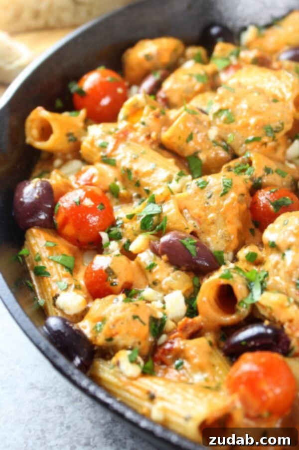 Cooking Greek Chicken Pasta in a Skillet A large skillet filled with Greek Chicken Pasta, rich with sauce and colorful Mediterranean ingredients.