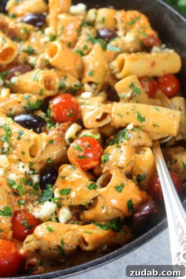 Served Greek Chicken Pasta Skillet A generous serving of Greek Chicken Pasta Skillet, garnished with fresh parsley and feta, presented in a bowl.