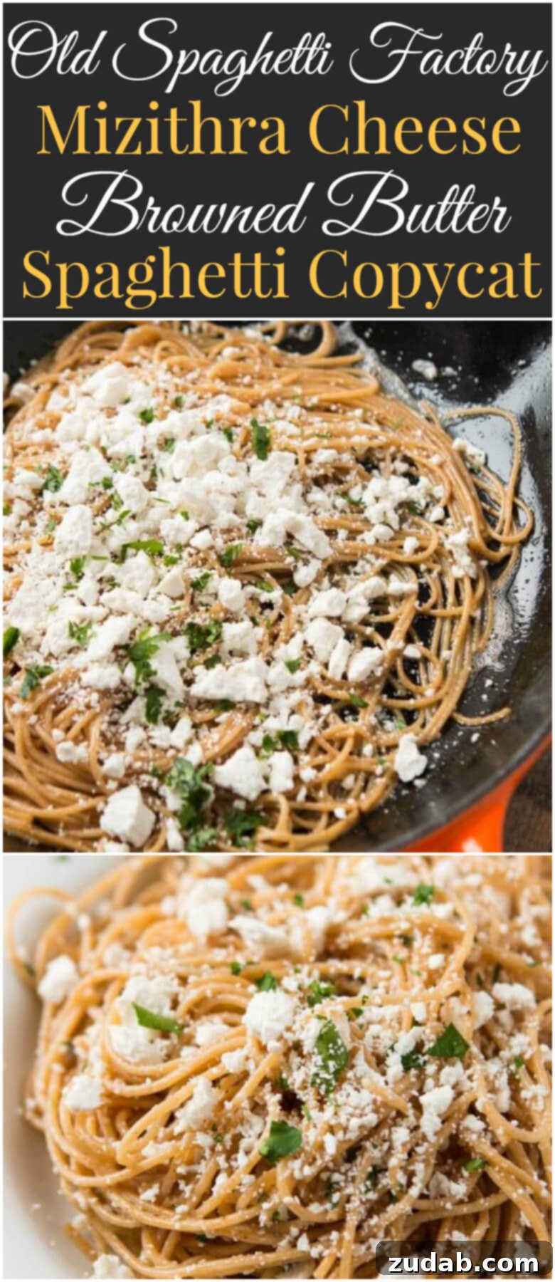 A beautifully presented plate of Old Spaghetti Factory Mizithra Cheese and Browned Butter Spaghetti, garnished with fresh parsley and ready to be served, capturing the rich golden hues of the butter and cheese. ohsweetbasil.com