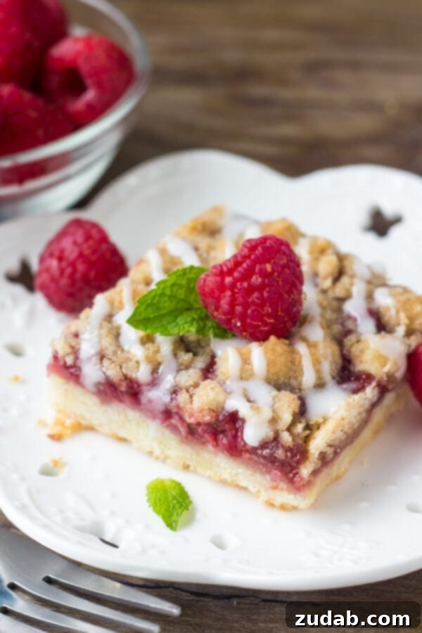 Ready-to-serve Raspberry Crumble Bars Baked Raspberry Crumble Bars cooling in the pan, ready to be cut and served.