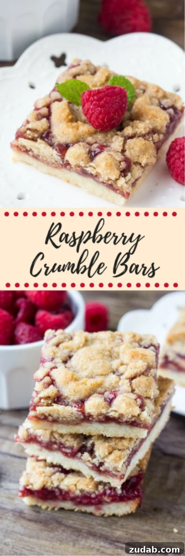 Glazed Raspberry Crumble Bars for Dessert Delicious Raspberry Crumble Bars drizzled with vanilla glaze, stacked on a plate.