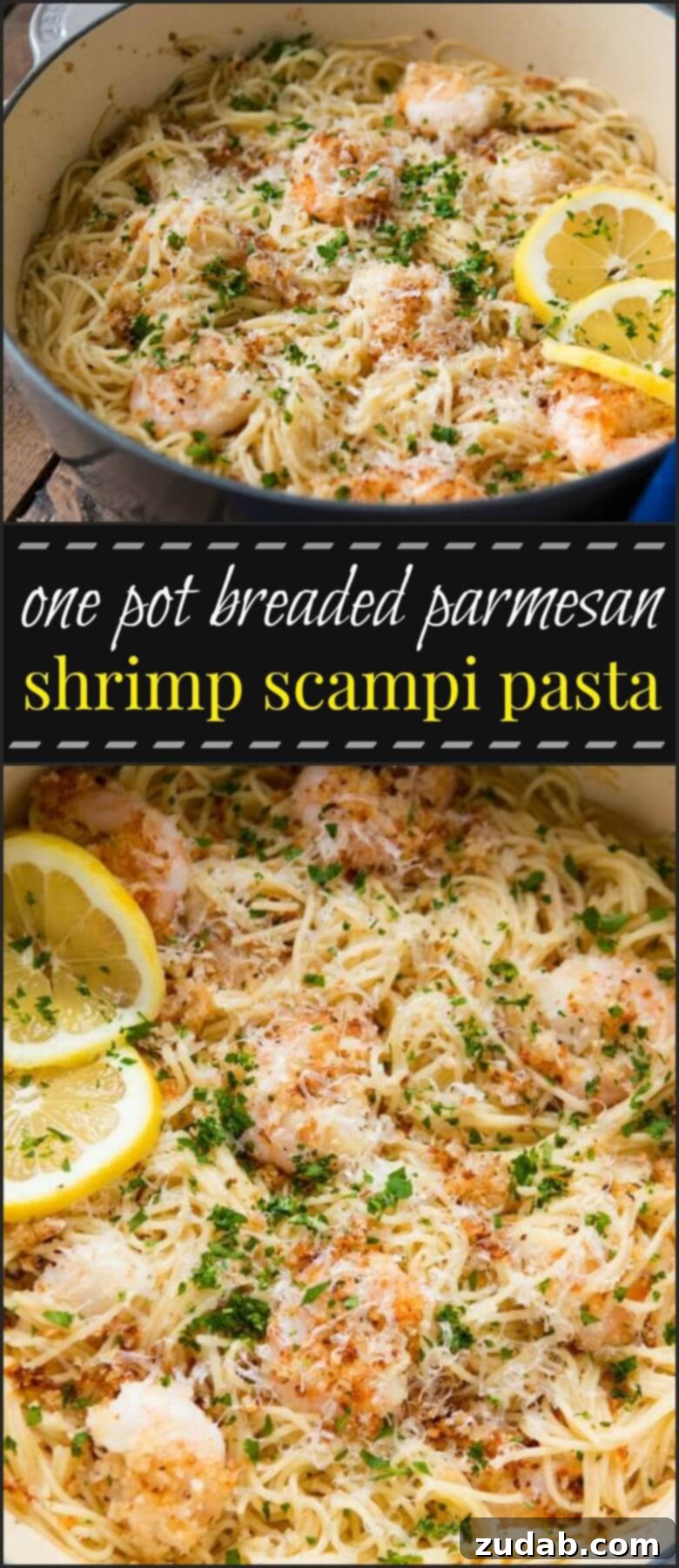 Garnished Shrimp Scampi Pasta If there's one thing I know, it's that people love their shrimp pasta, but this one pot breaded parmesan shrimp scampi pasta takes it to a whole new level.